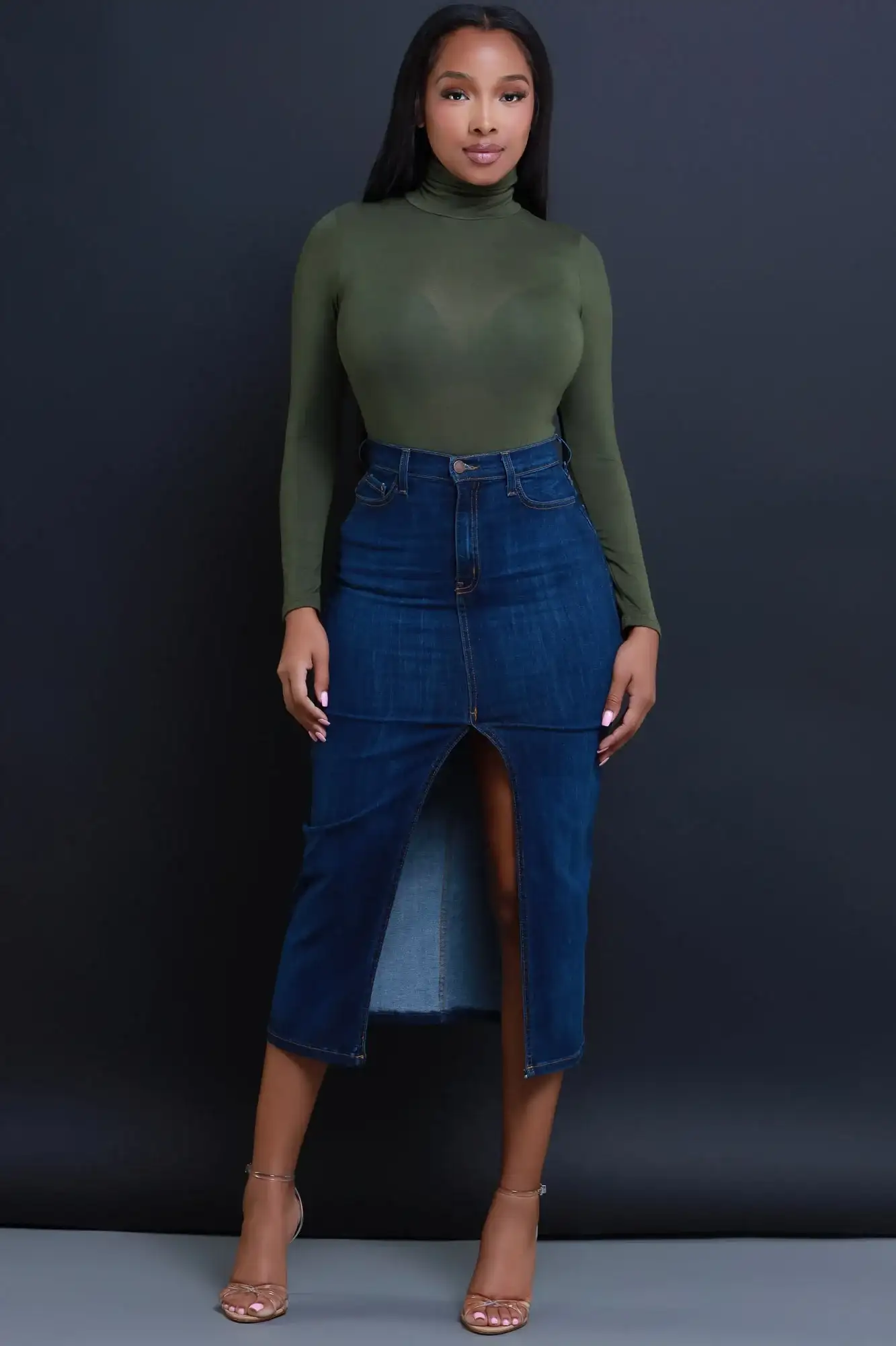 Image of Over My Head High Rise Denim Midi Skirt - Dark Wash