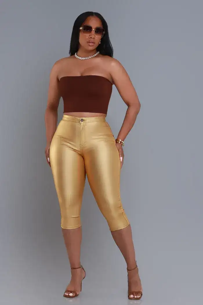 Image of Make It Shimmer High Rise Metallic Capri Pants - Gold