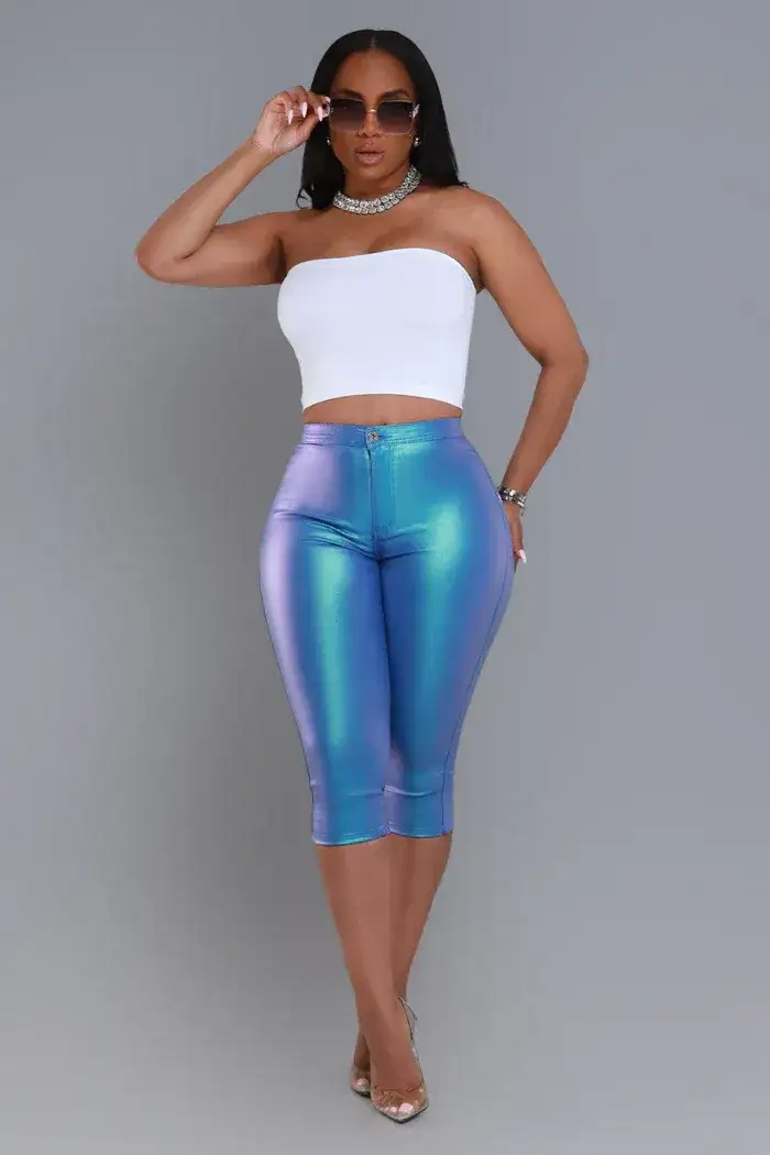 Image of Make It Shimmer High Rise Metallic Capri Pants - Sky Blue