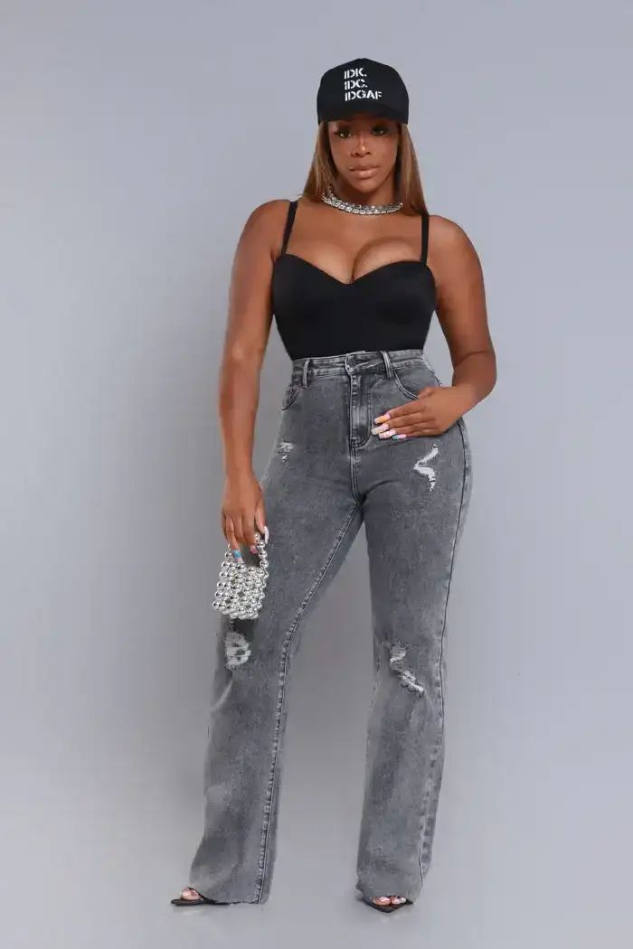 Image of Excuse Me High Rise Distressed Straight Leg Jeans - Grey