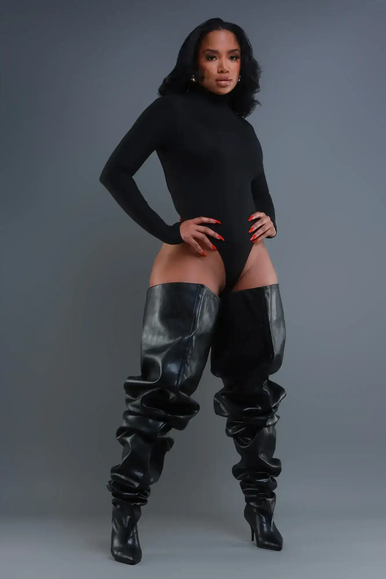 Image of Main Stage Faux Leather Ruched Stiletto Boots - Black