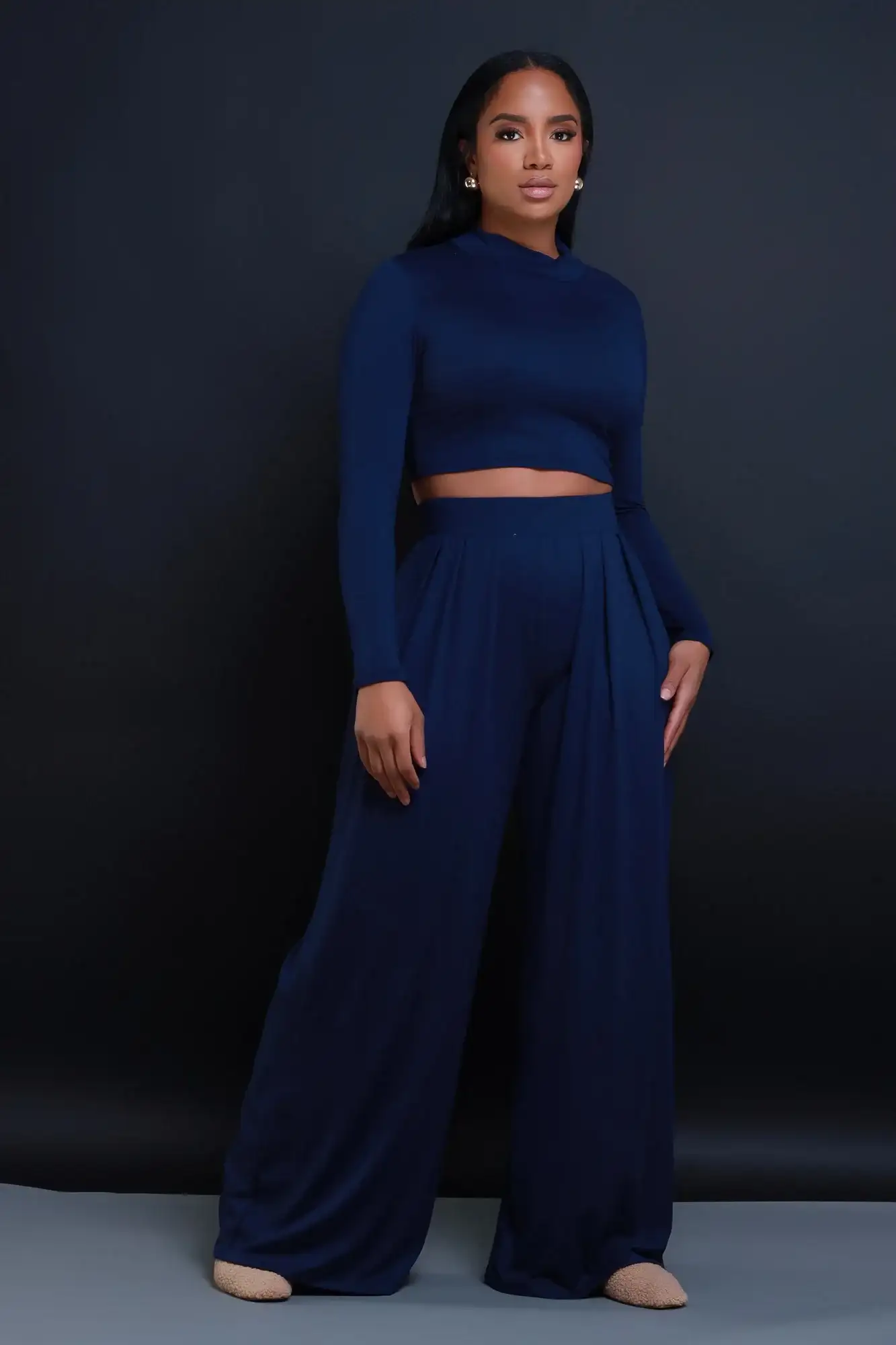 Image of Be Serious Long Sleeve Cropped Palazzo Pants Set - Navy
