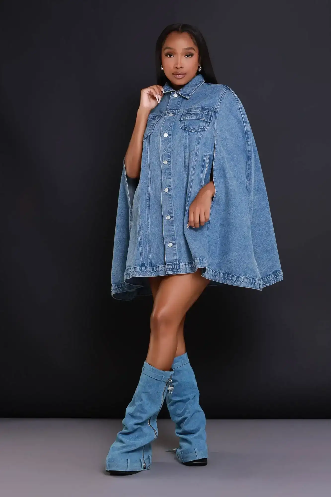 Image of Well Wisher Button Up Denim Poncho - Medium Wash