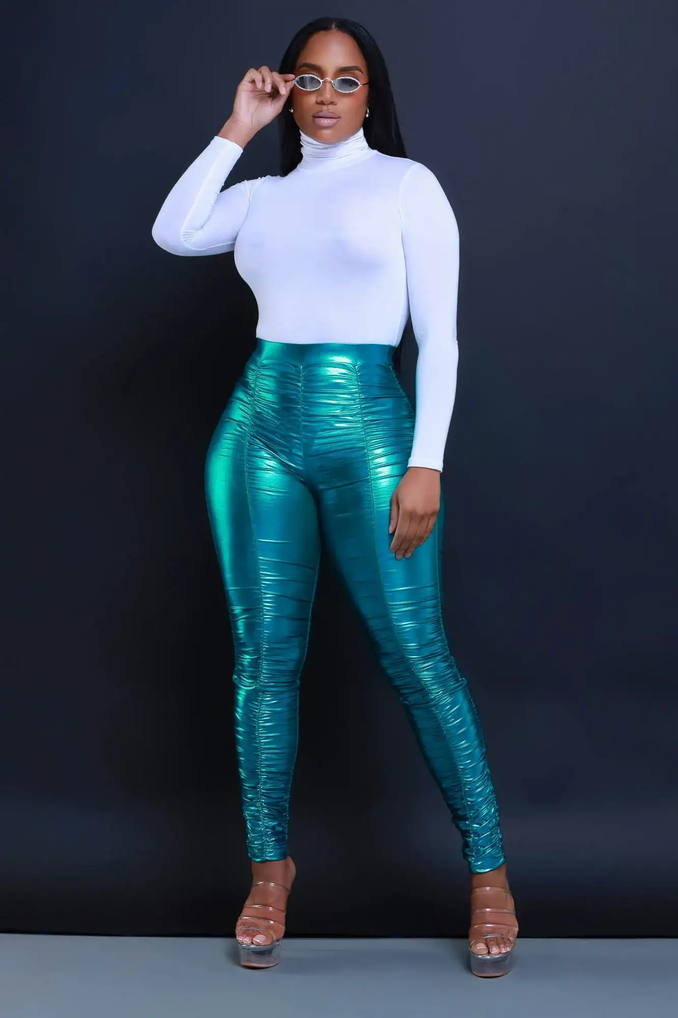 Image of Be Honest Ruched High Waist Pants - Teal Metallic