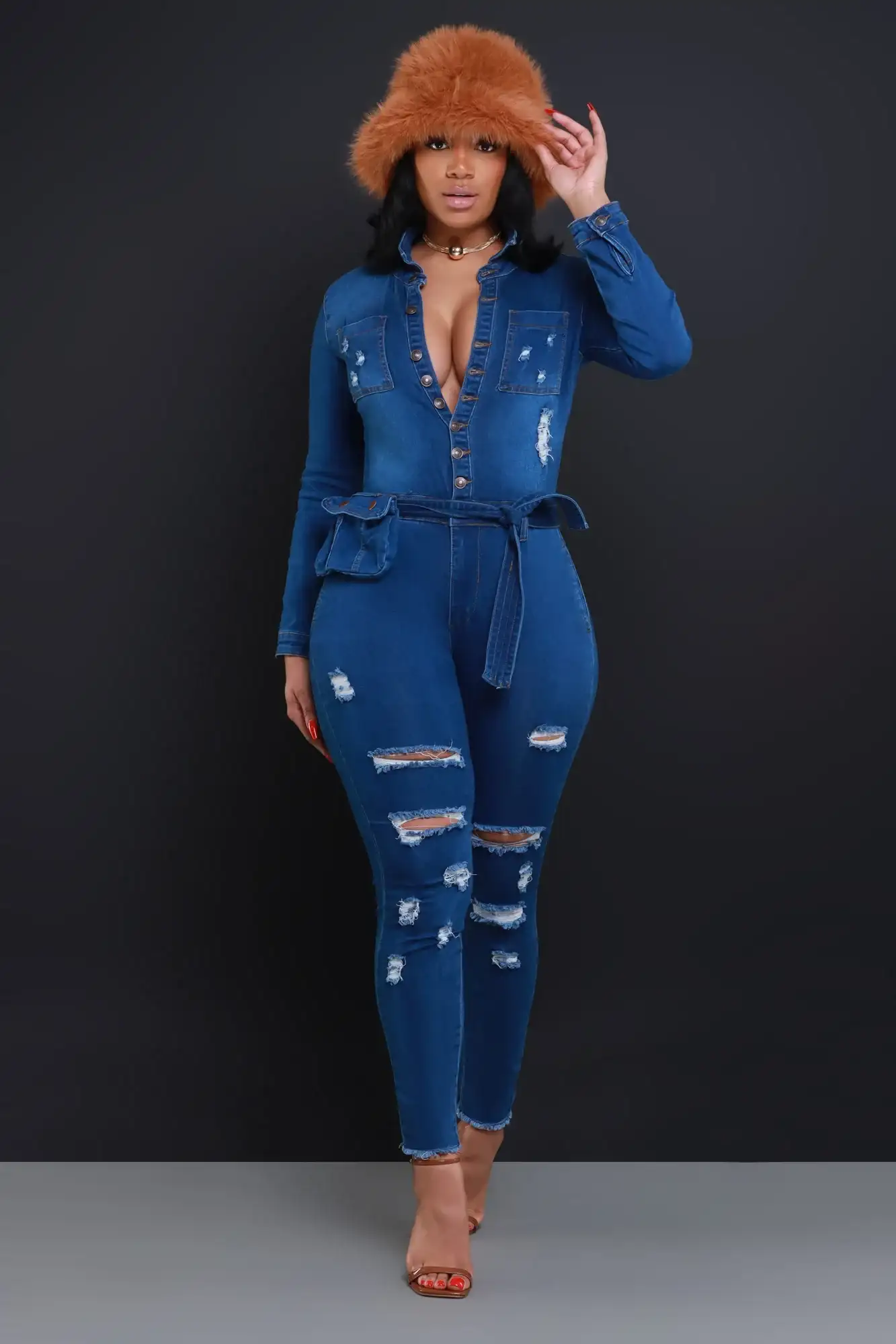 Image of Declare Distressed Denim Jumpsuit - Mid Wash