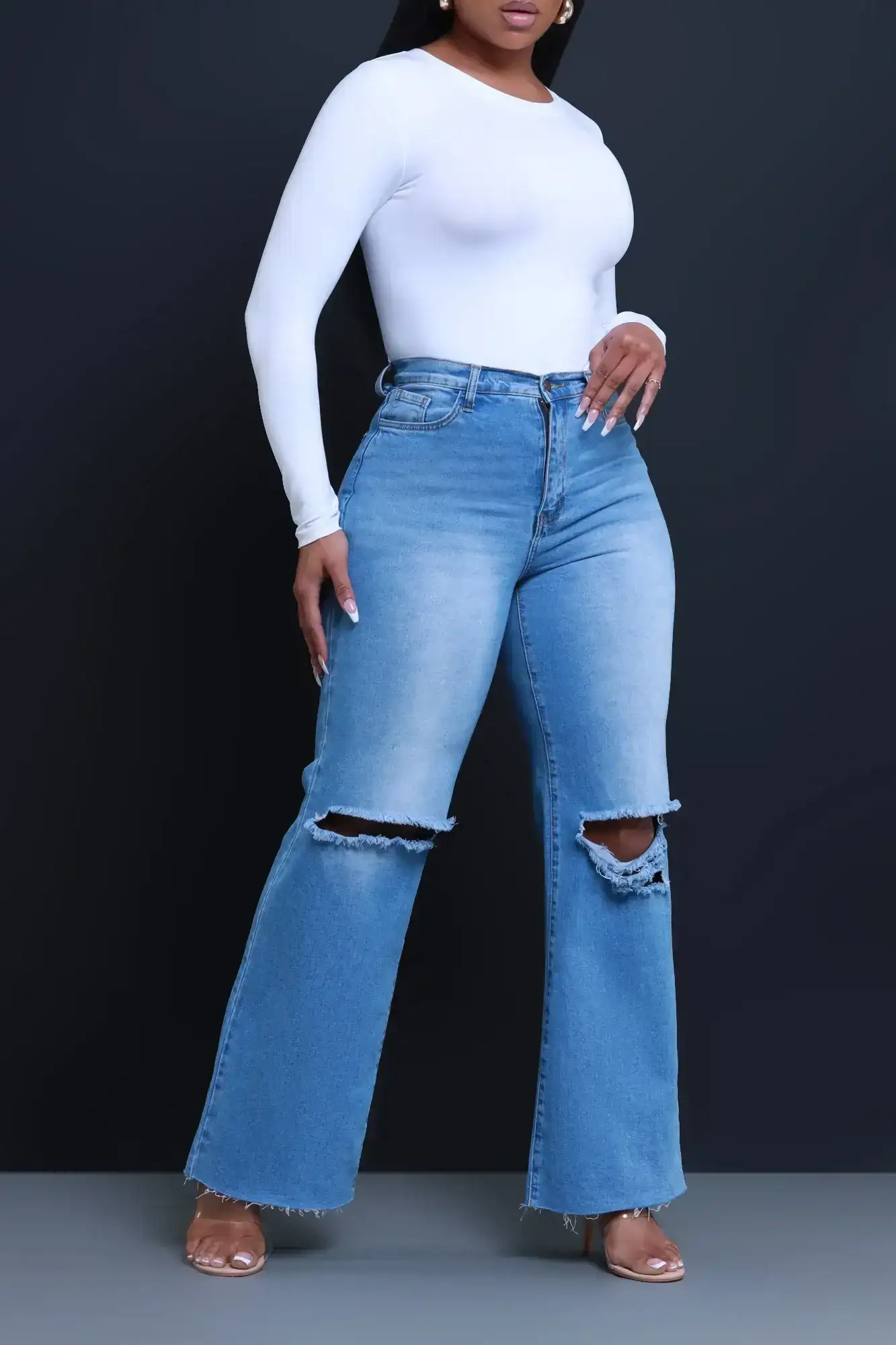 Image of Fast Forward High Waist Distressed Straight Leg Jeans - Medium Wash