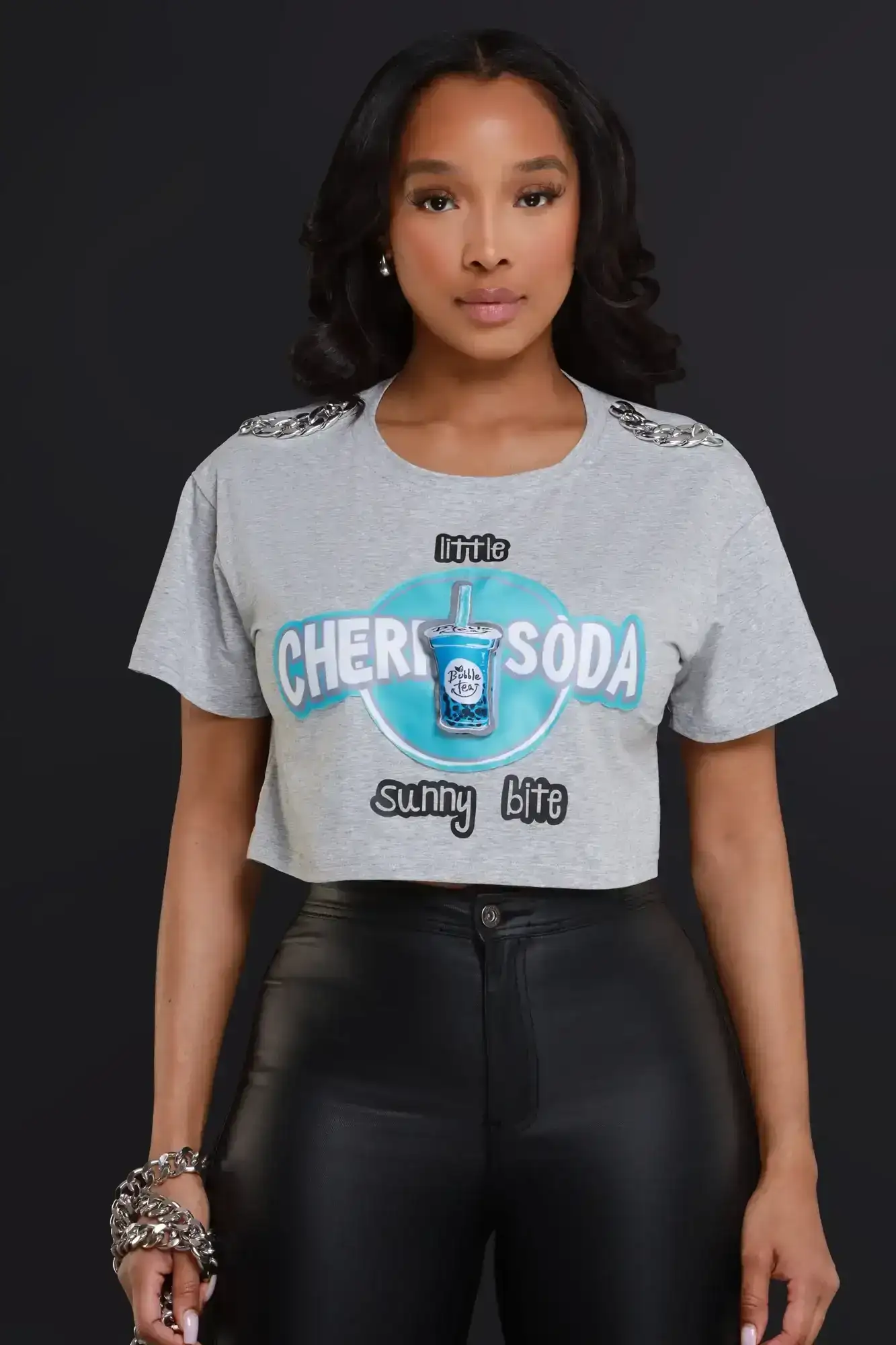 Image of Cherry Soda Embellished Graphic Cropped T-Shirt - Grey