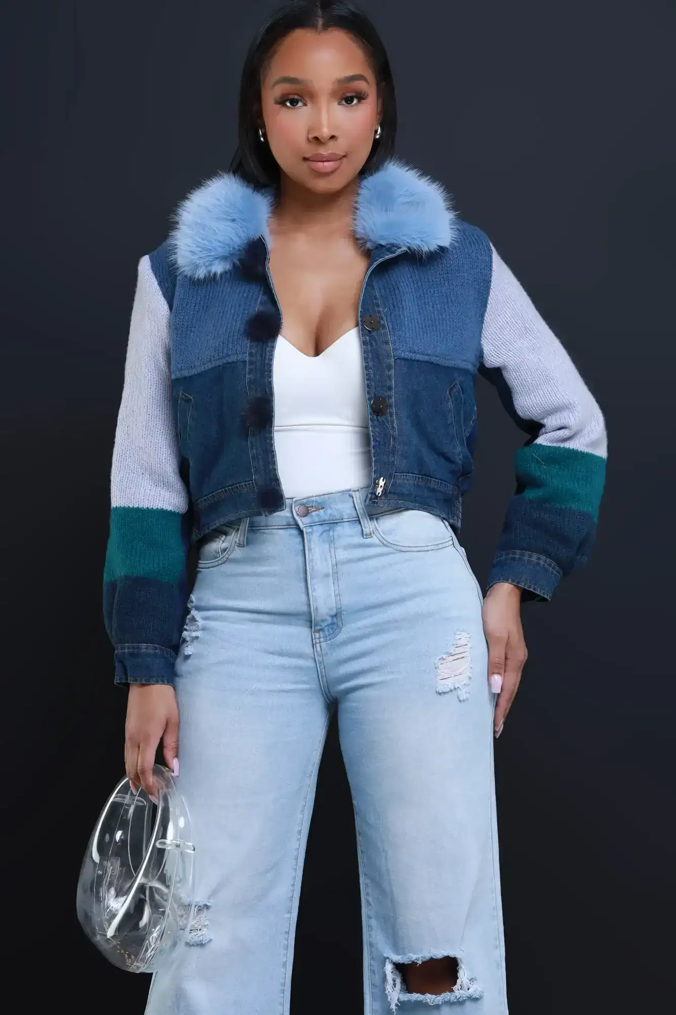 Image of Wild Thoughts Faux Fur Denim Knit Jacket - Blue