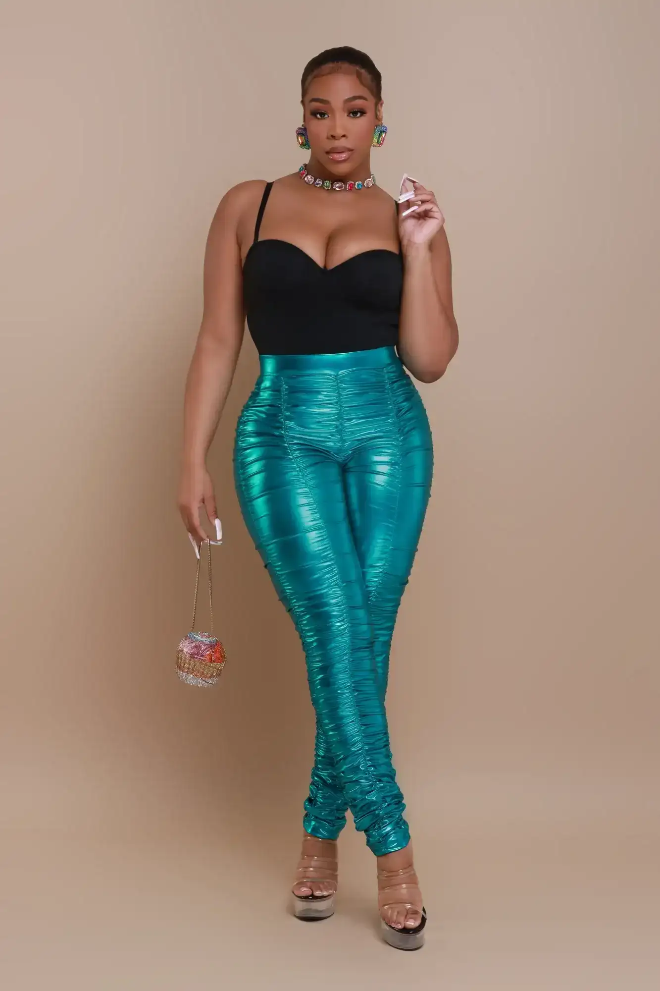 Image of Be Honest Ruched High Waist Pants - Teal Metallic Leggings