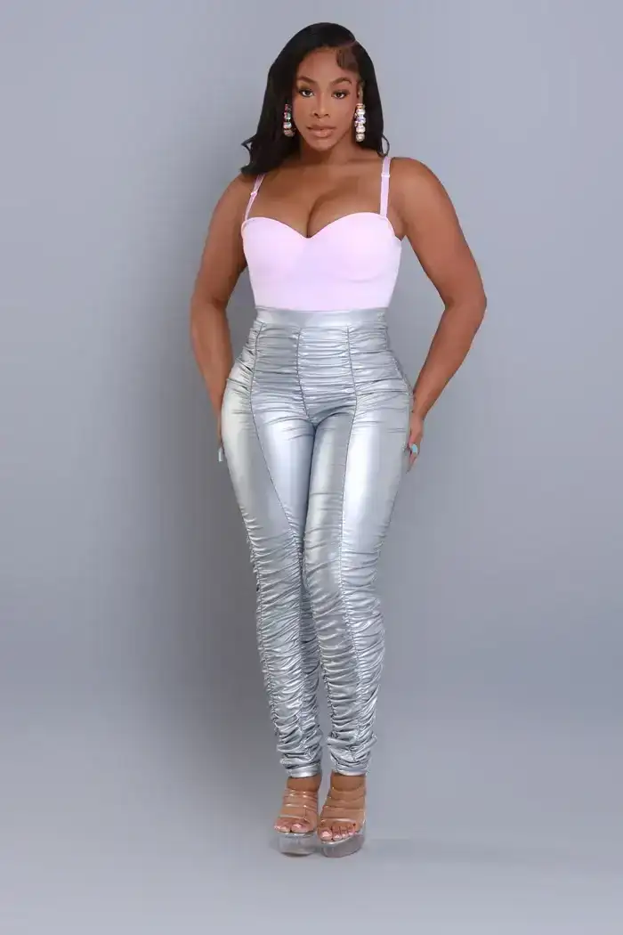 Image of Be Honest Ruched High Waist Pants - Silver Metallic Leggings