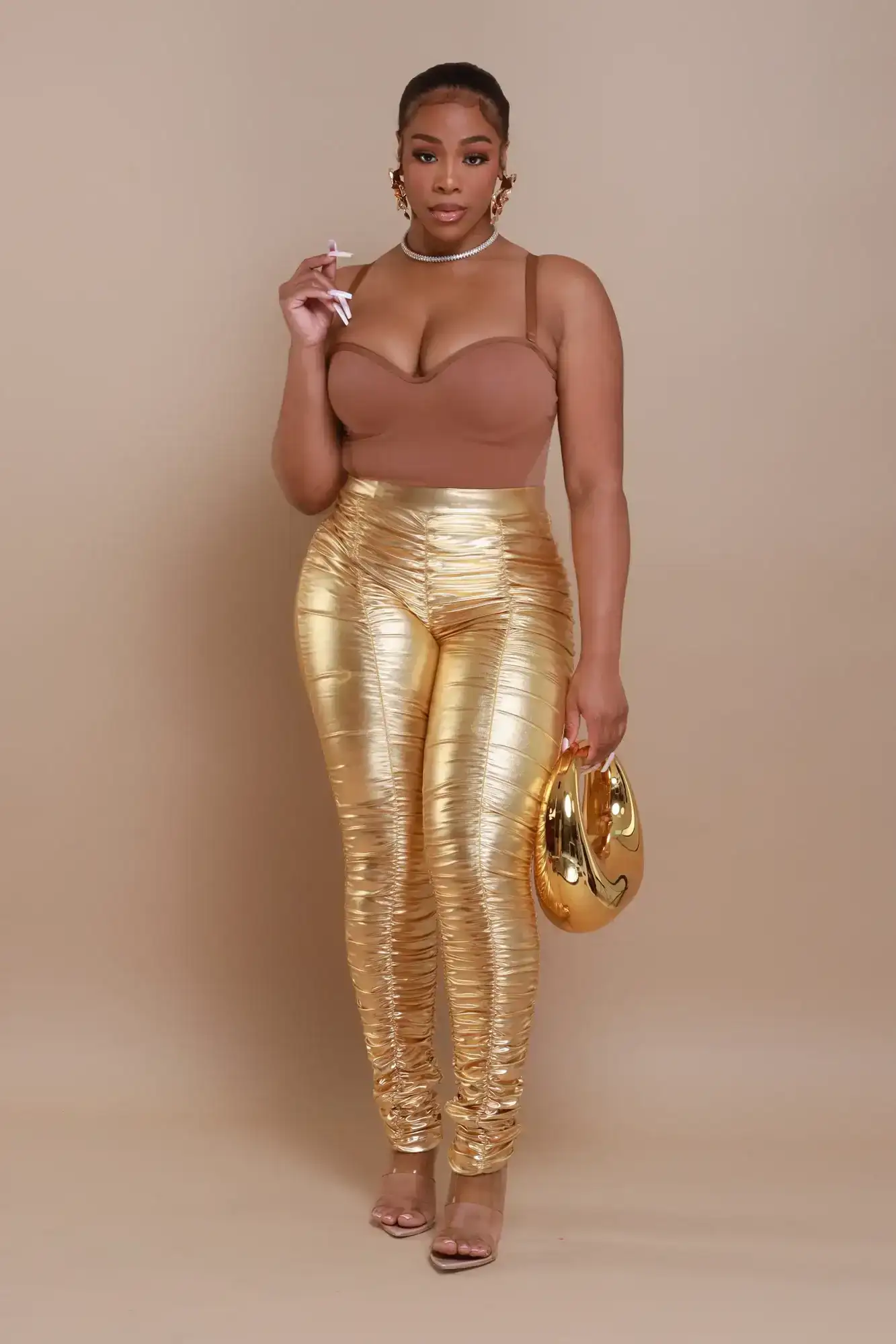 Image of Be Honest Ruched High Waist Pants - Gold Metallic Leggings