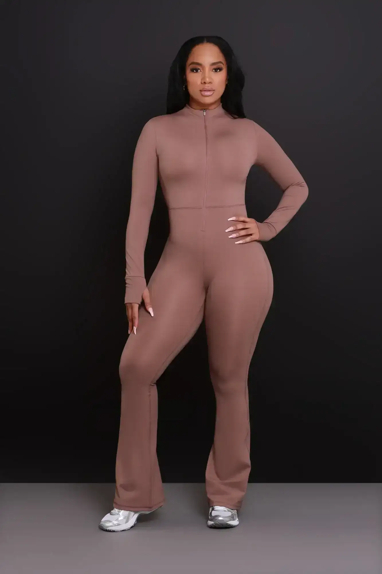 Image of Code Black NUW Zip Up Flare Jumpsuit - Cocoa