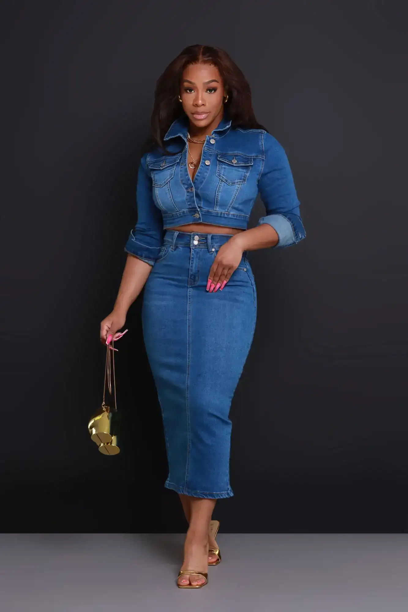 Image of Sky High High Rise Denim Midi Skirt - Medium Wash