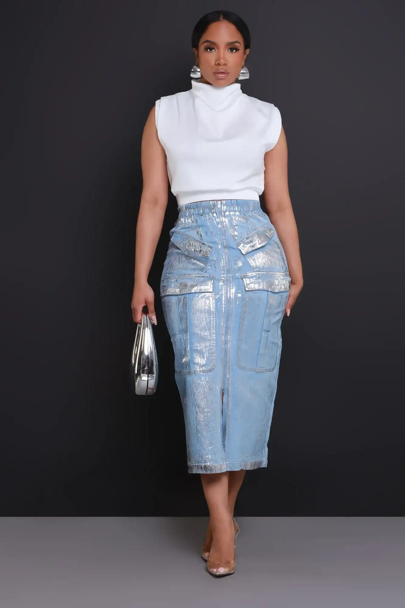 Image of Song To Sing Denim Cargo Maxi Skirt - Blue/Silver