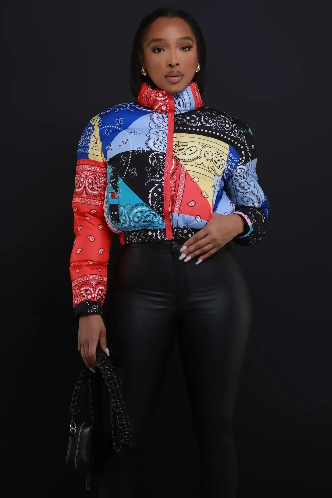 Image of Patch Me In Cropped Puffer Jacket - Black Multicolor