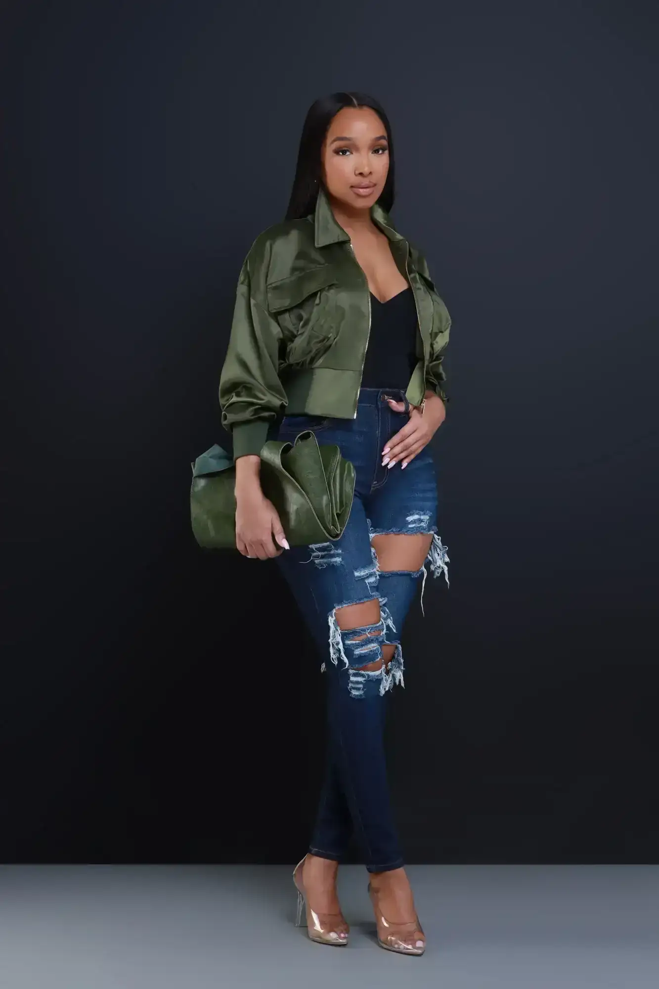 Image of Point Taken Satin Cropped Cargo Jacket - Olive