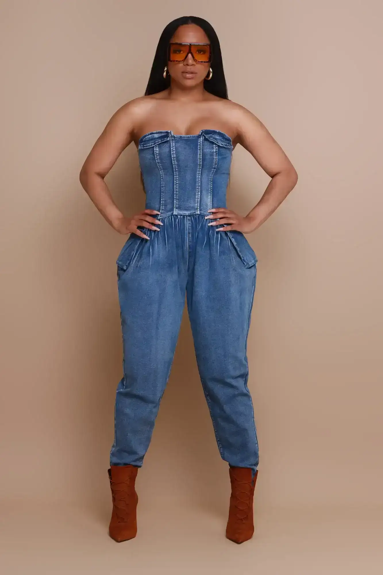 Image of New Hobby Strapless Denim Jumpsuit - Medium Wash