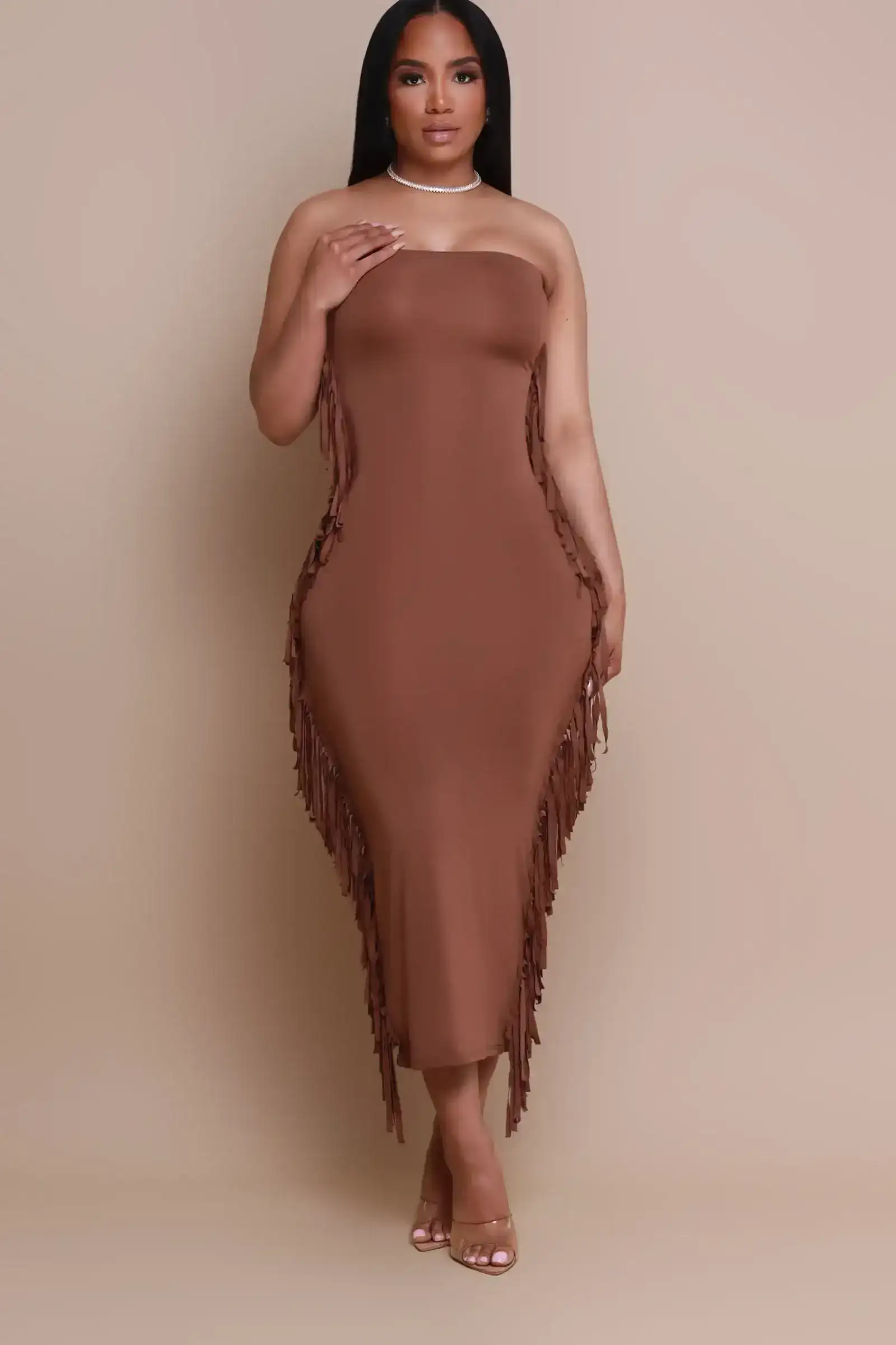 Image of At All Costs Strapless Fringe Maxi Dress - Brown