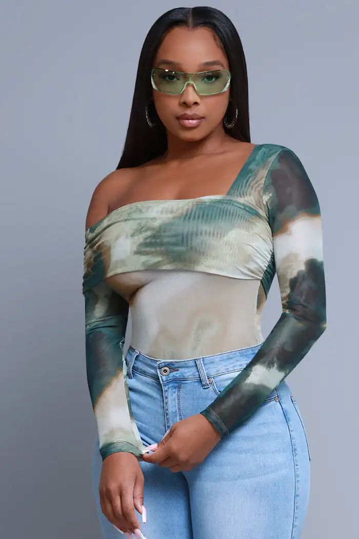 Image of Echoes Asymmetrical Mesh Print Blouse - Olive/Green