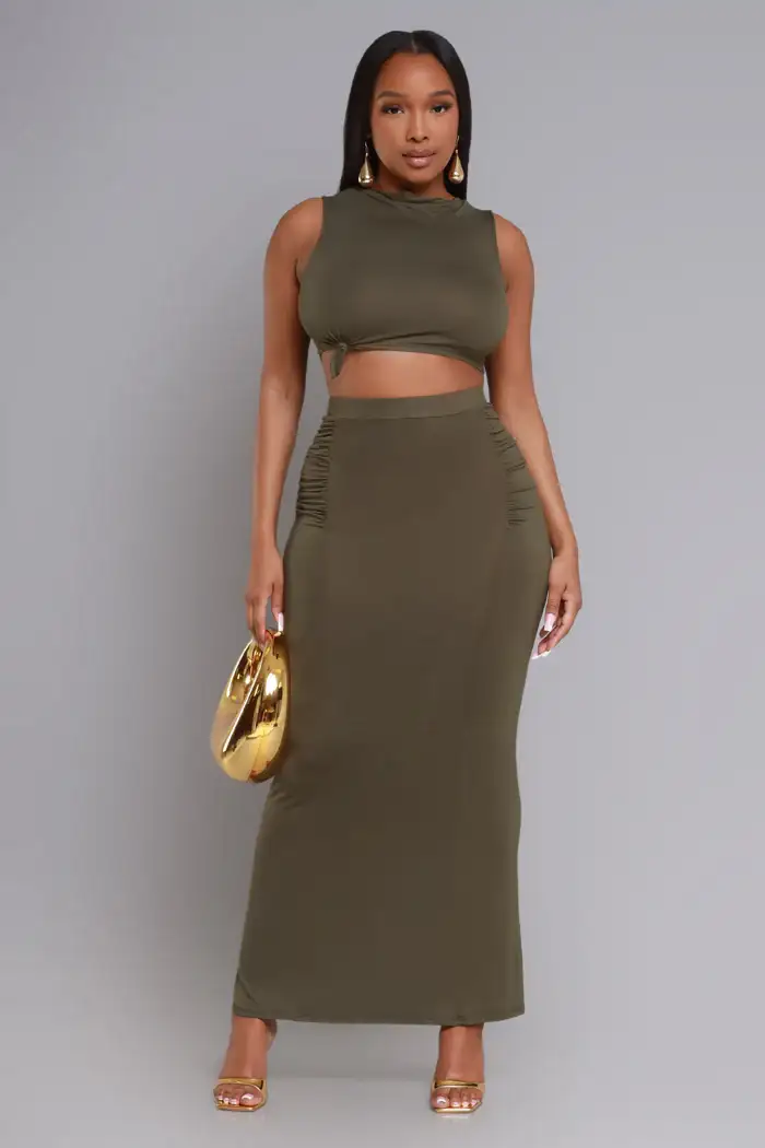 Image of Tie The Knot Cropped Maxi Skirt Set - Olive