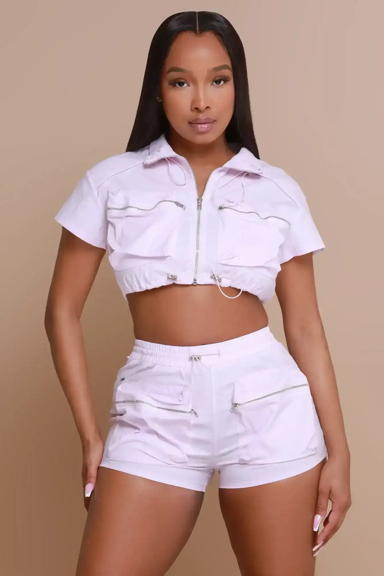 Image of Lip Sync Cropped Cargo Shorts Set - Lilac