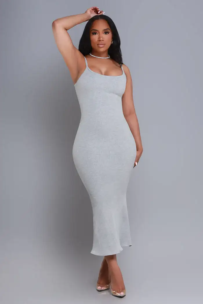 Image of Status Check Cellulite Deleter Strappy Ribbed Maxi Dress - Heather Grey