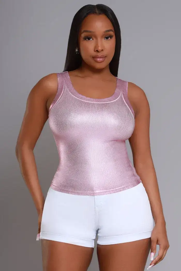 Image of Show The Goods Shiny Ribbed Tank Top - Pink