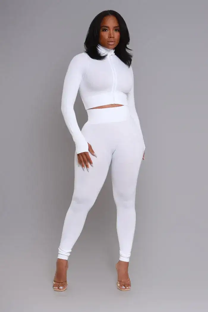 Image of No Idea Zip-Up Cropped Legging Set - White