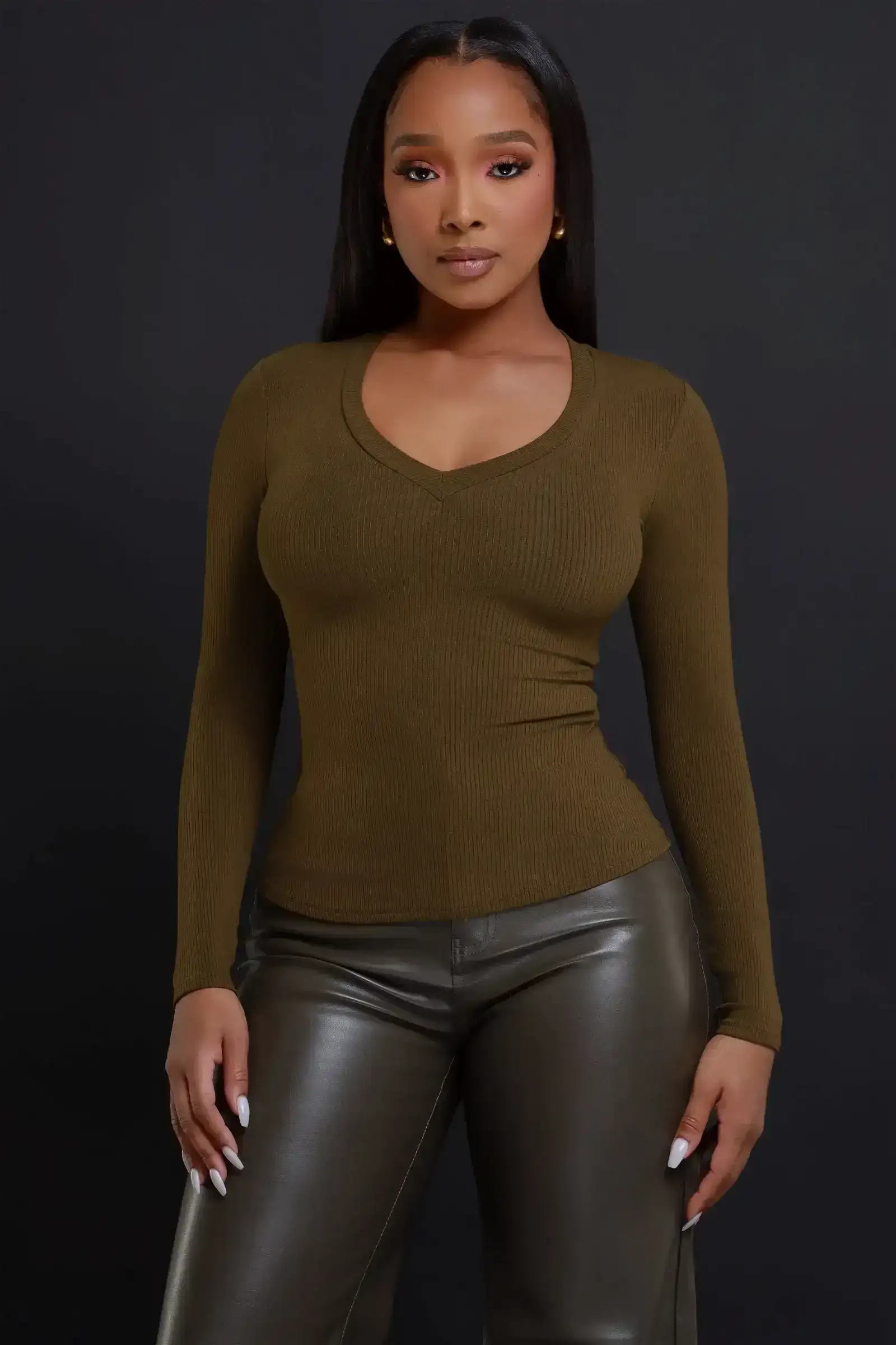 Image of What It Is Cellulite Deleter Long Sleeve Ribbed Top - Olive