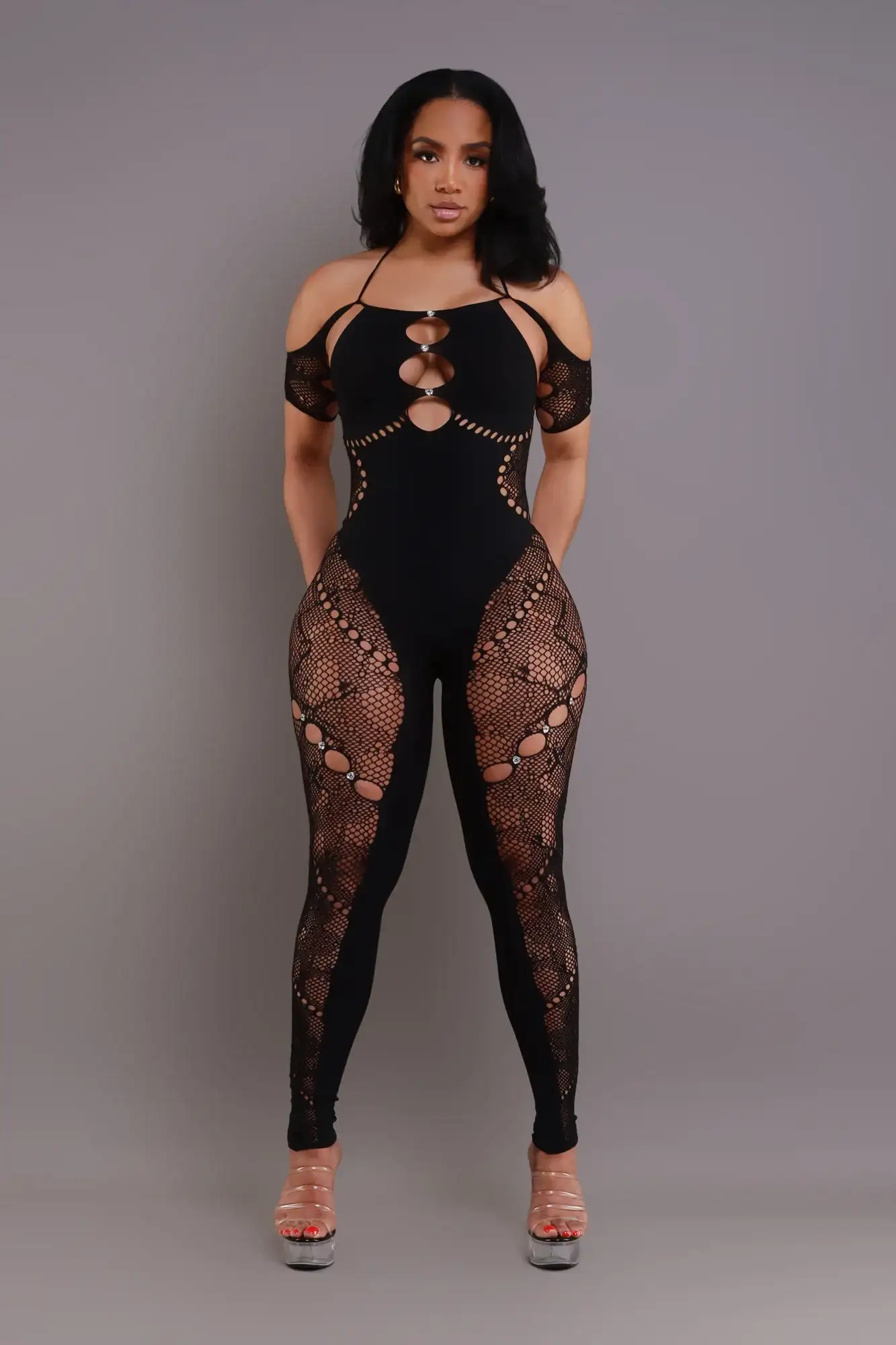 Image of Baby Girl Laser Cut Seamless Halter Jumpsuit - Black