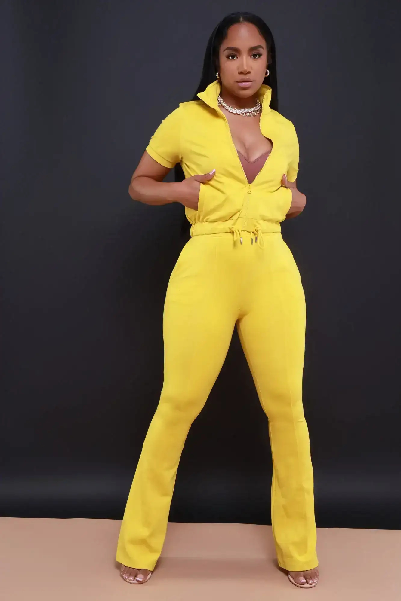 Image of One Time Short Sleeve Flare Leg Pants Set - Citron