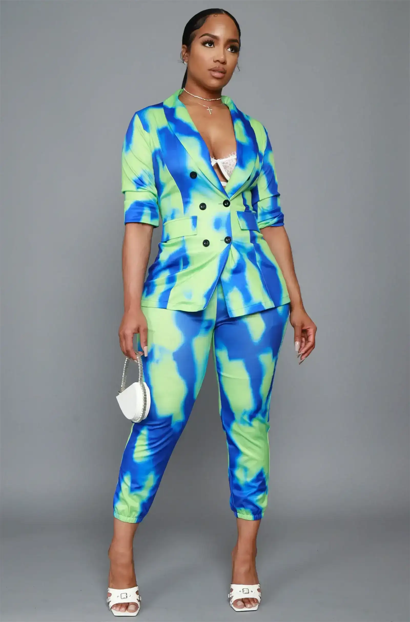 Image of Sweet Talk Tie Dye Blazer & Pants Set - Blue/Green