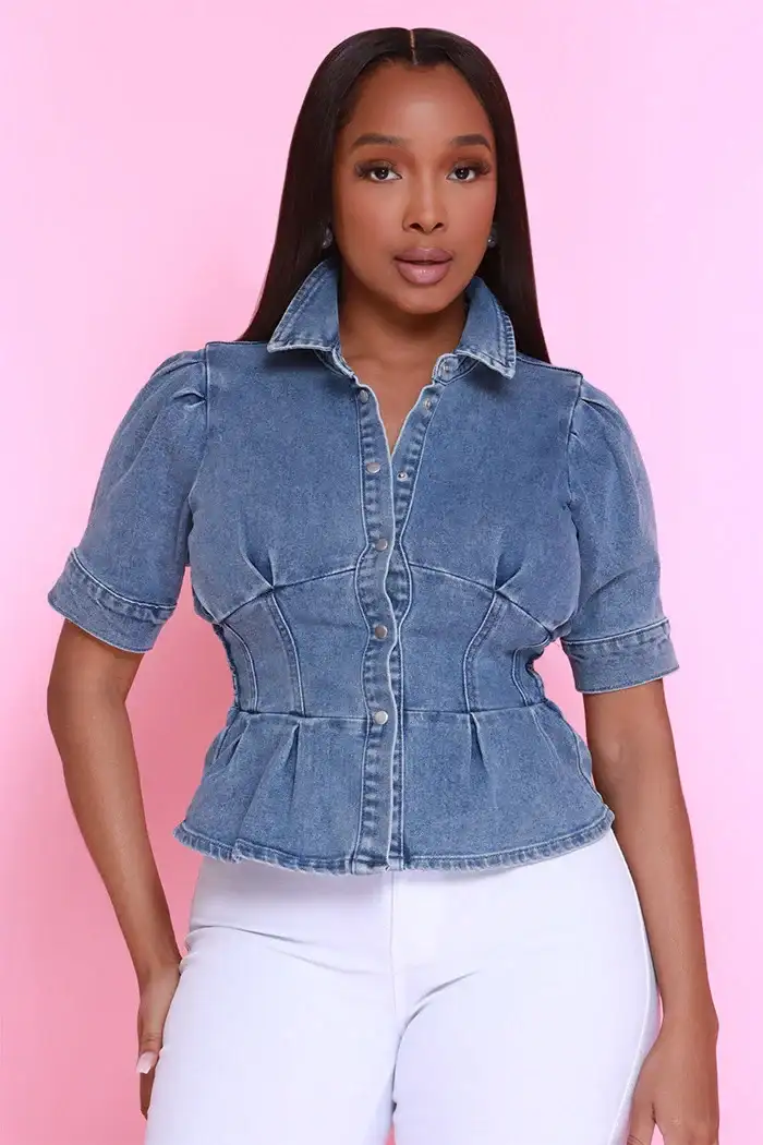 Image of First Take Button Down Denim Top - Med Wash