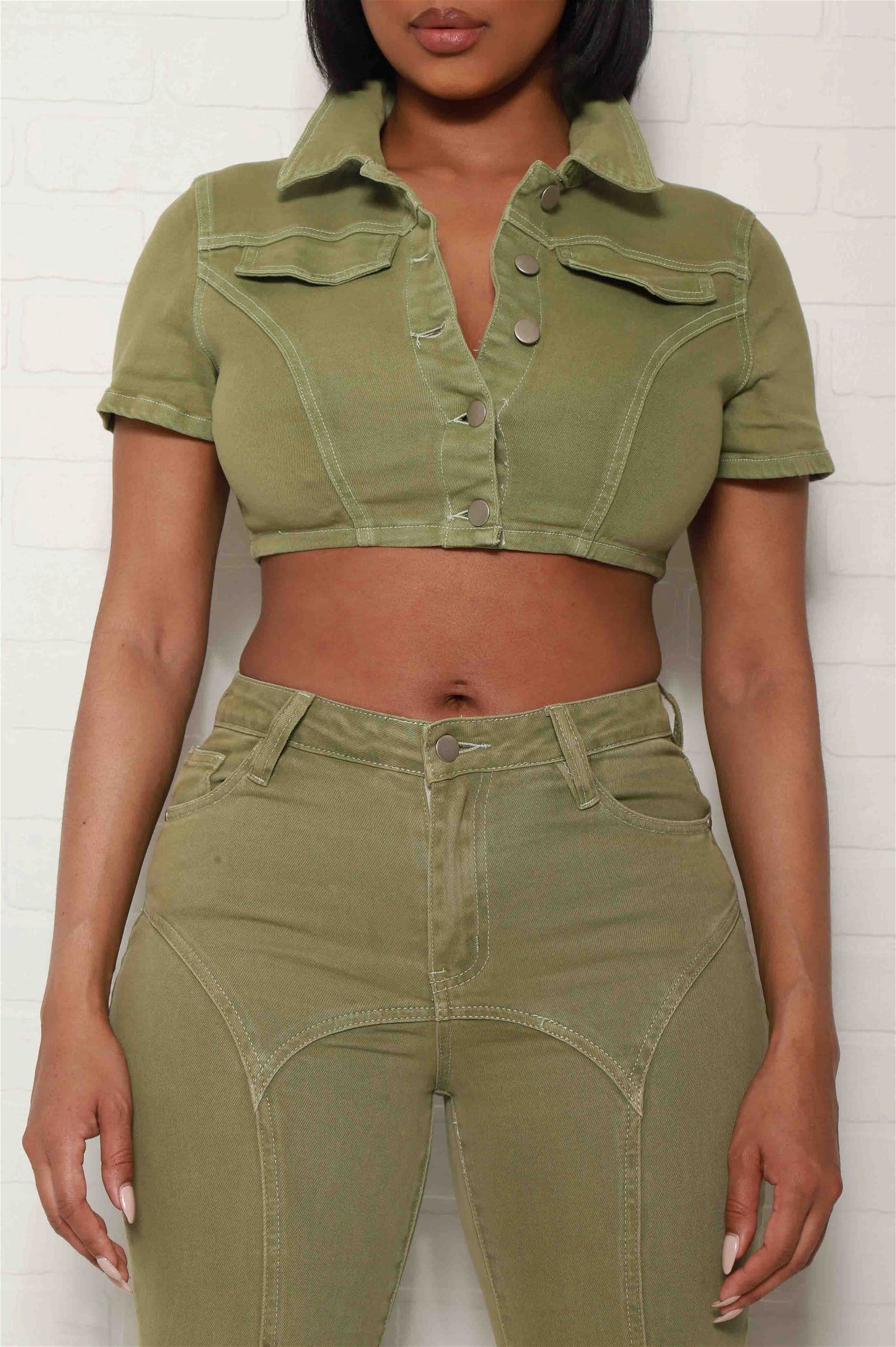 Image of On The Daily Cropped Button Up Top - Olive