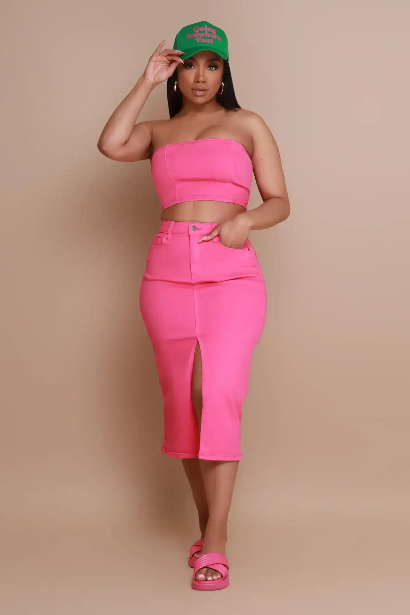 Image of Candy Shop Denim Midi Skirt - Fuchsia