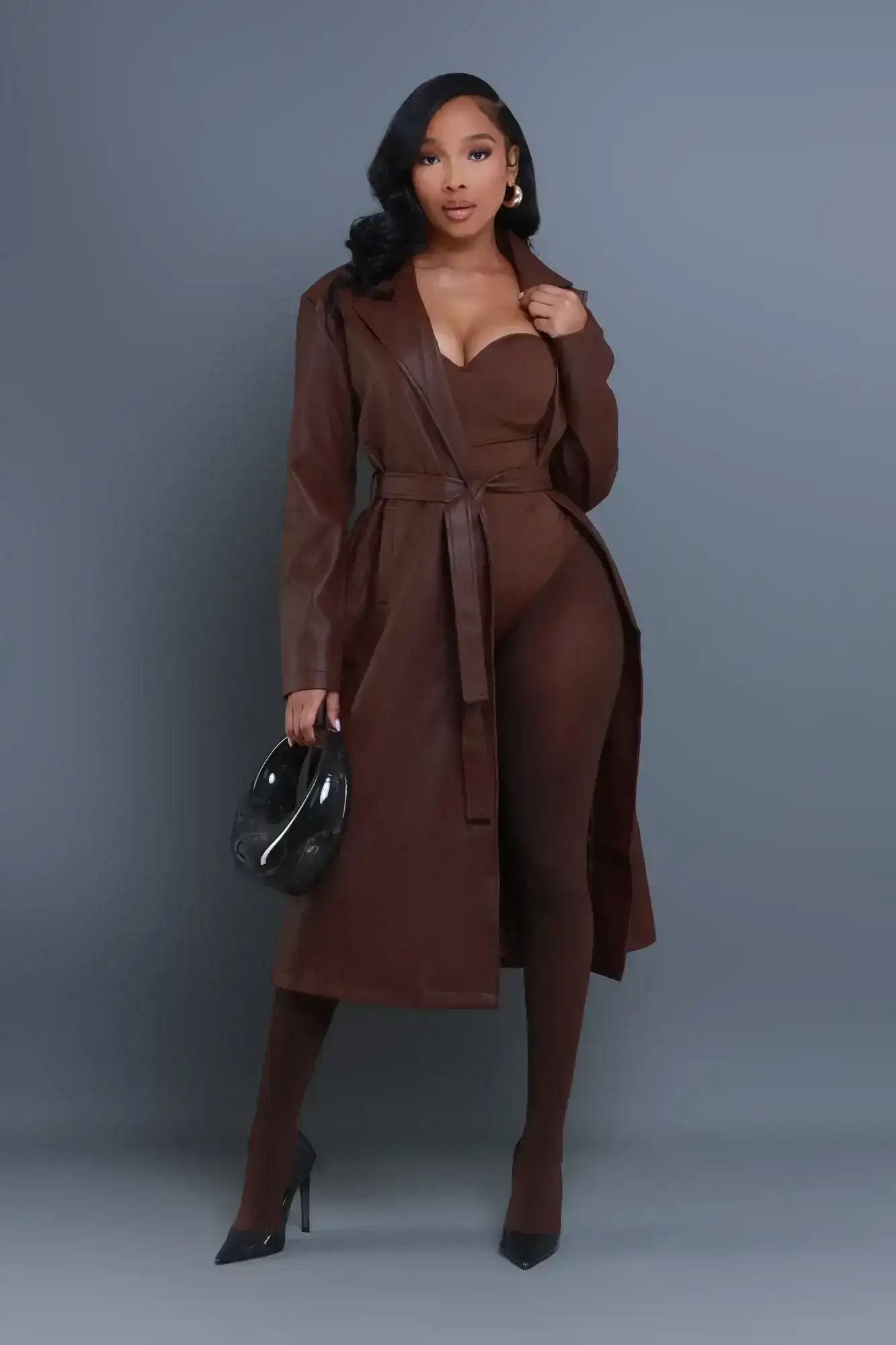 Image of Blind Date Faux Leather Trenchcoat - Brown