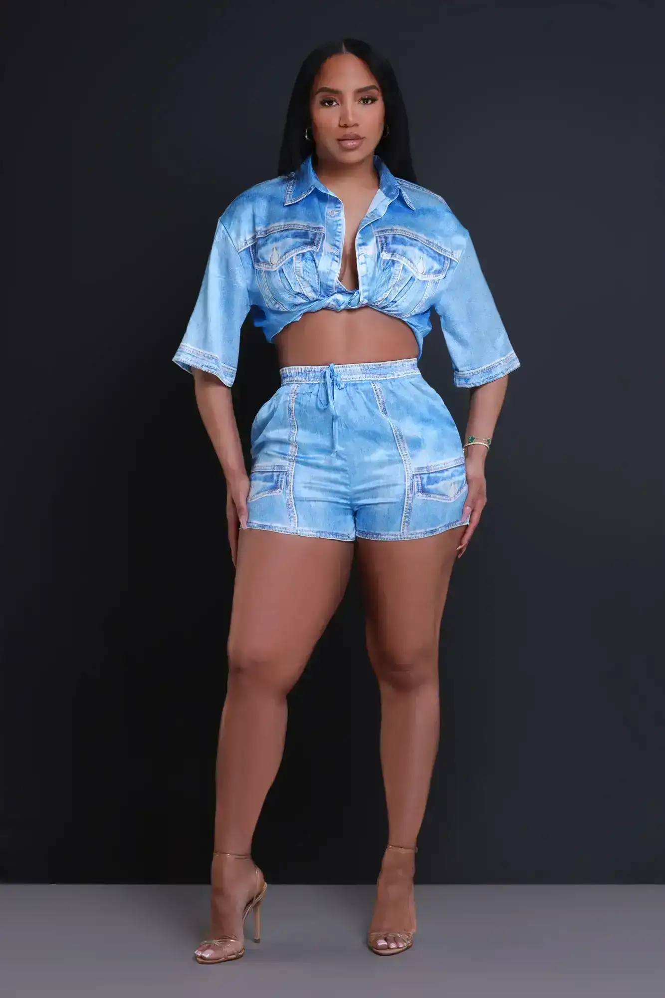 Image of Ocean Side Oversized Denim Print Blouse - Blue