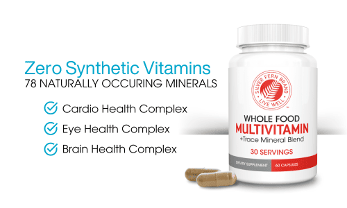 White Whole Food multivitamin bottle, zero synthetic vitamins and 78 naturally occurring minerals