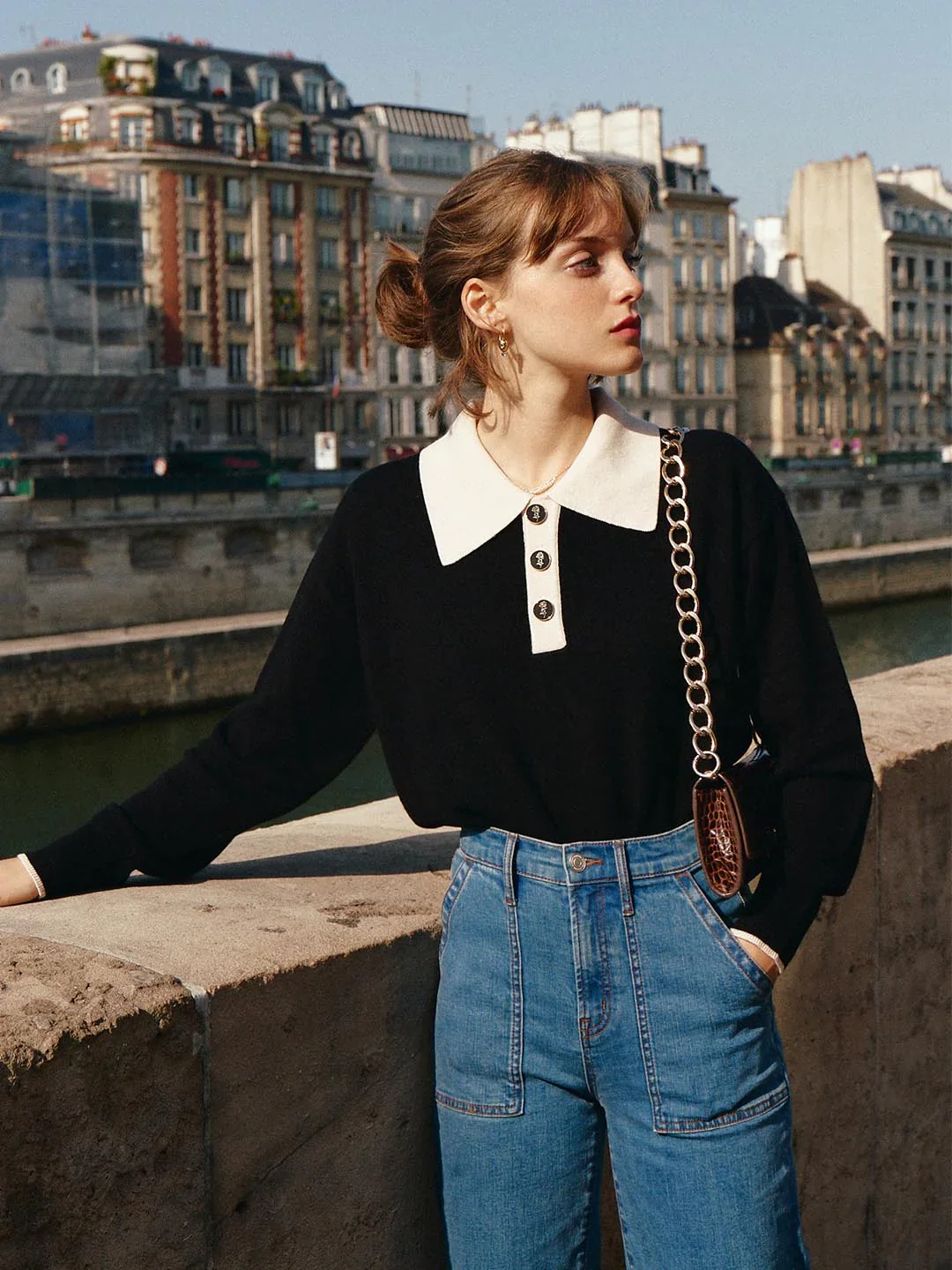 Selena Polo Contrast Collar 100% Wool Black Knit Sweater