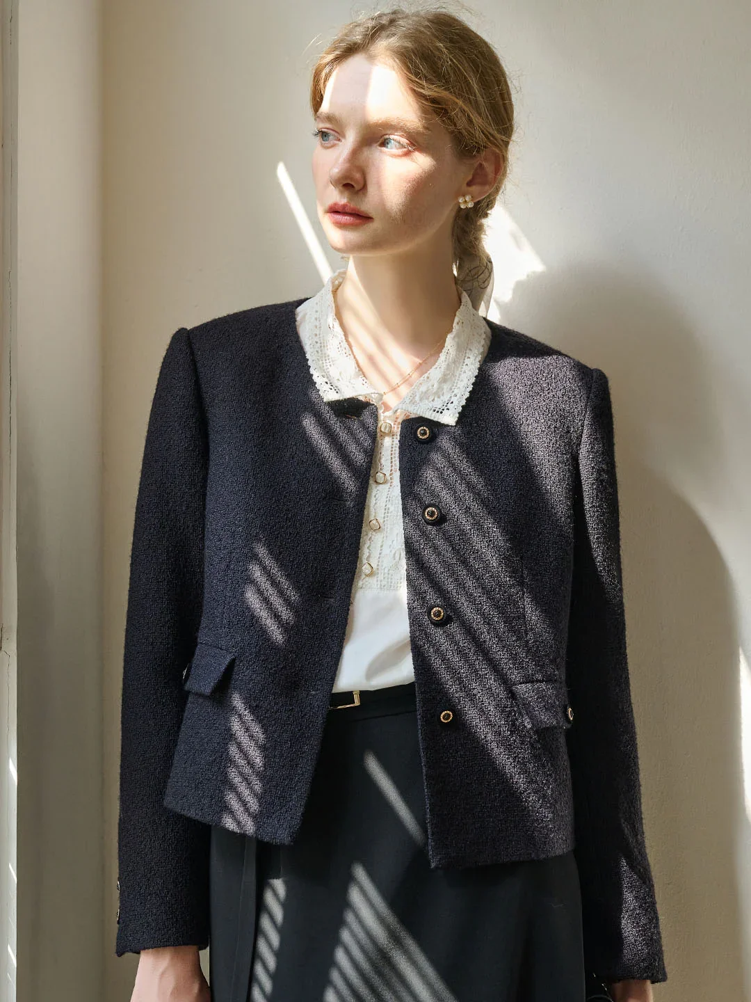 Nathalia Black Elegant Tweed Jacket