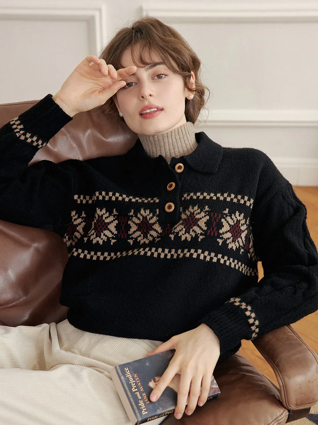 Norah Snowflake Jacquard Polo Fair Isle Knit Sweater