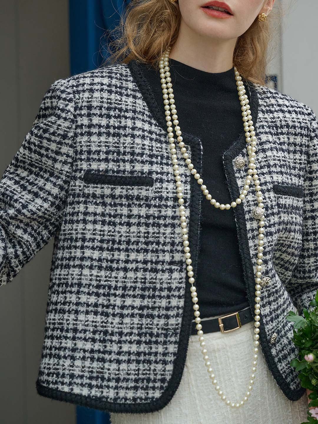 【Final Sale】Ava Elegant V-neck Contrast Tweed Jacket