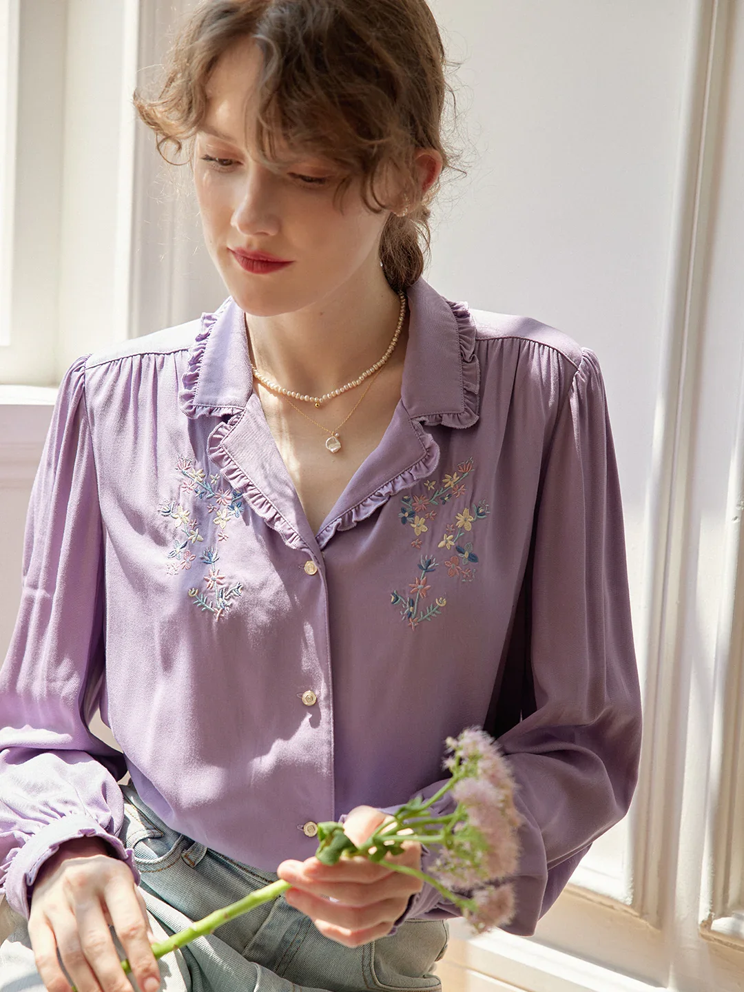 【Final Sale】Convallaria Floral Embroidered Purple Puff Top