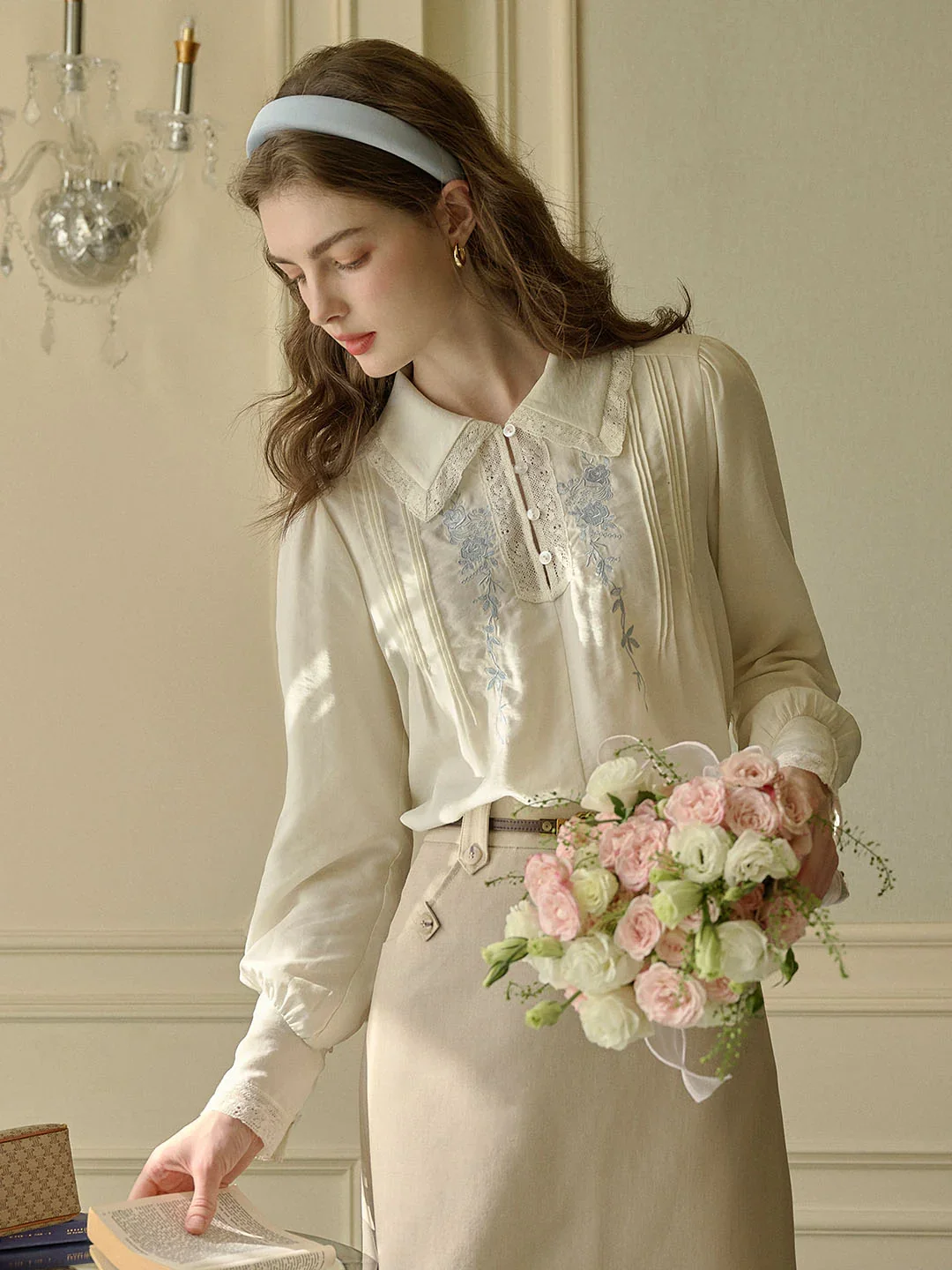 Delaney Rose Embroidered Lace Patchwork Lapel Blouse