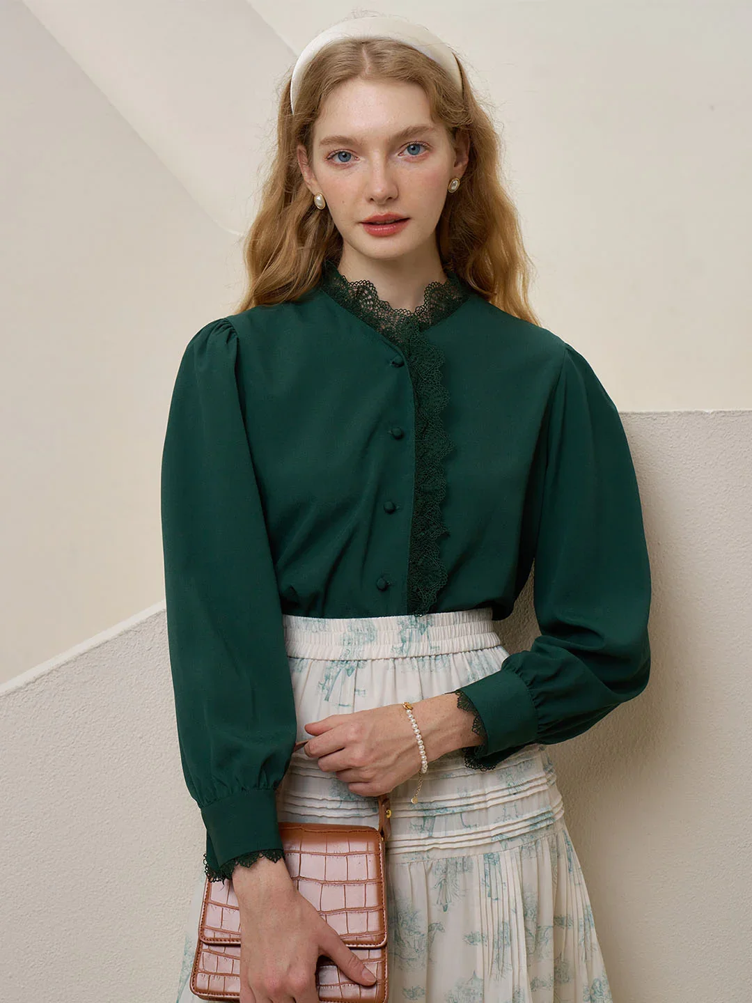 【Final Sale】Hanna Puff Sleeve Green Lace Blouse