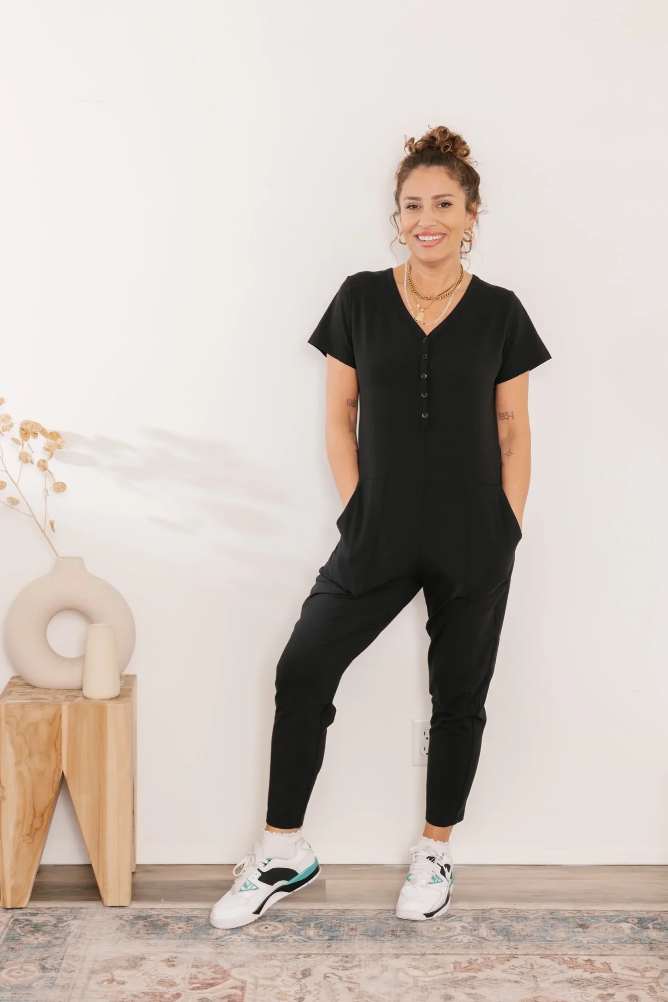 Image of Sunday Henley Romper in Midnight Black