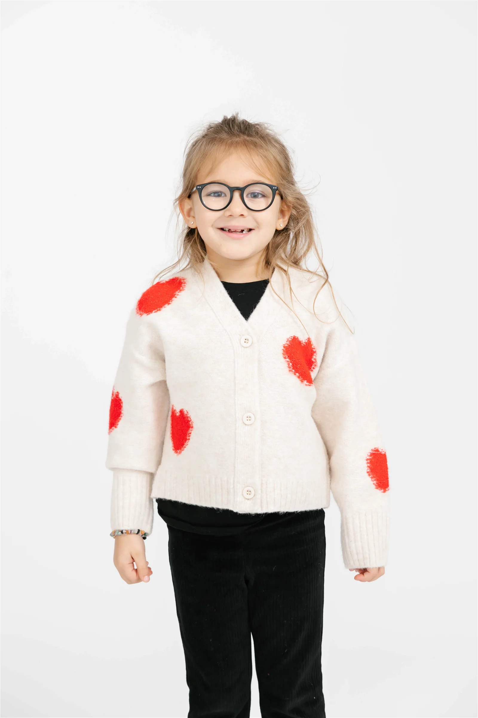 Image of Kids Eloise Heart Cardigan in Ecru Red Combo