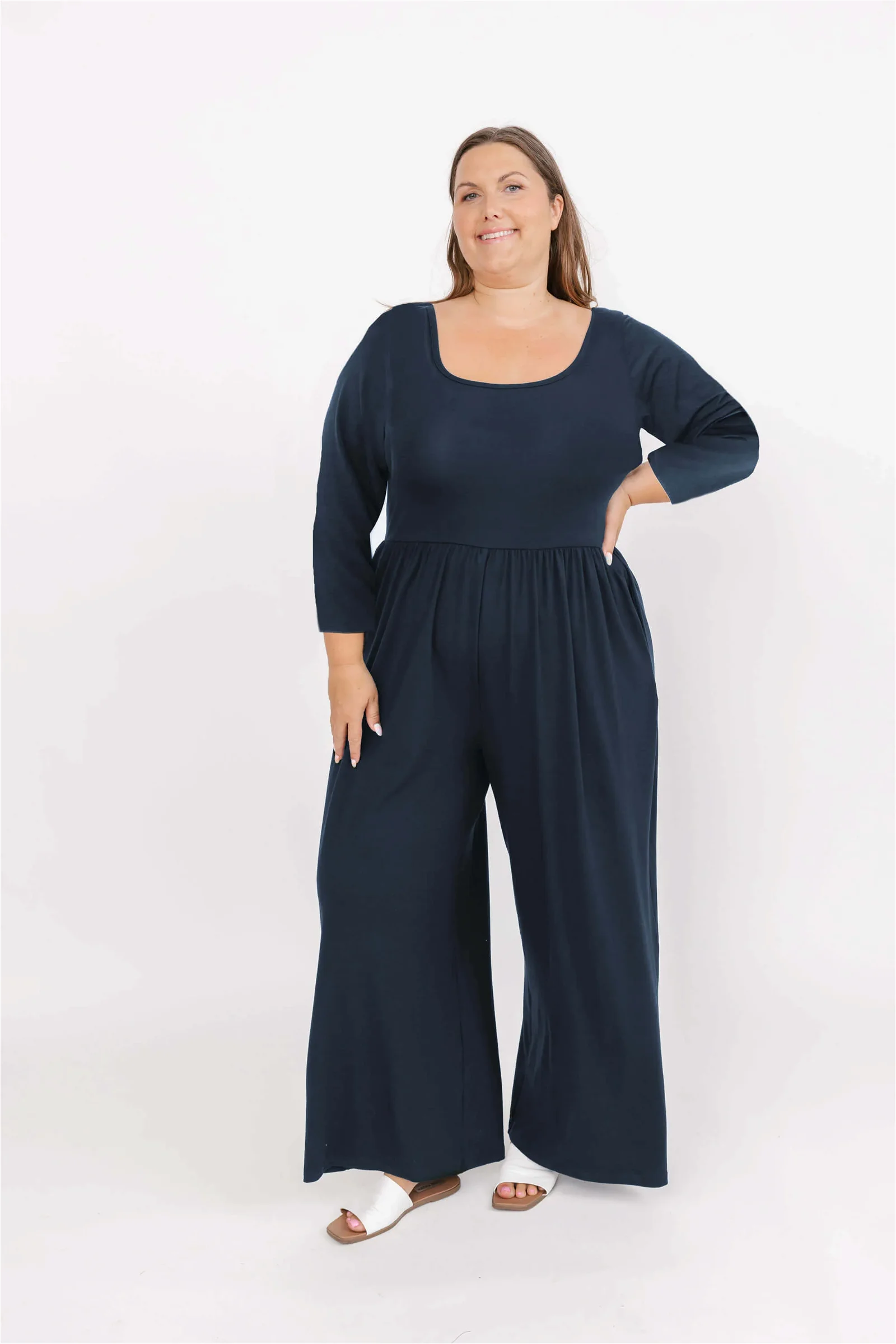 Image of Camille 3/4 Sleeve Wide Leg Romper in Midnight Sky