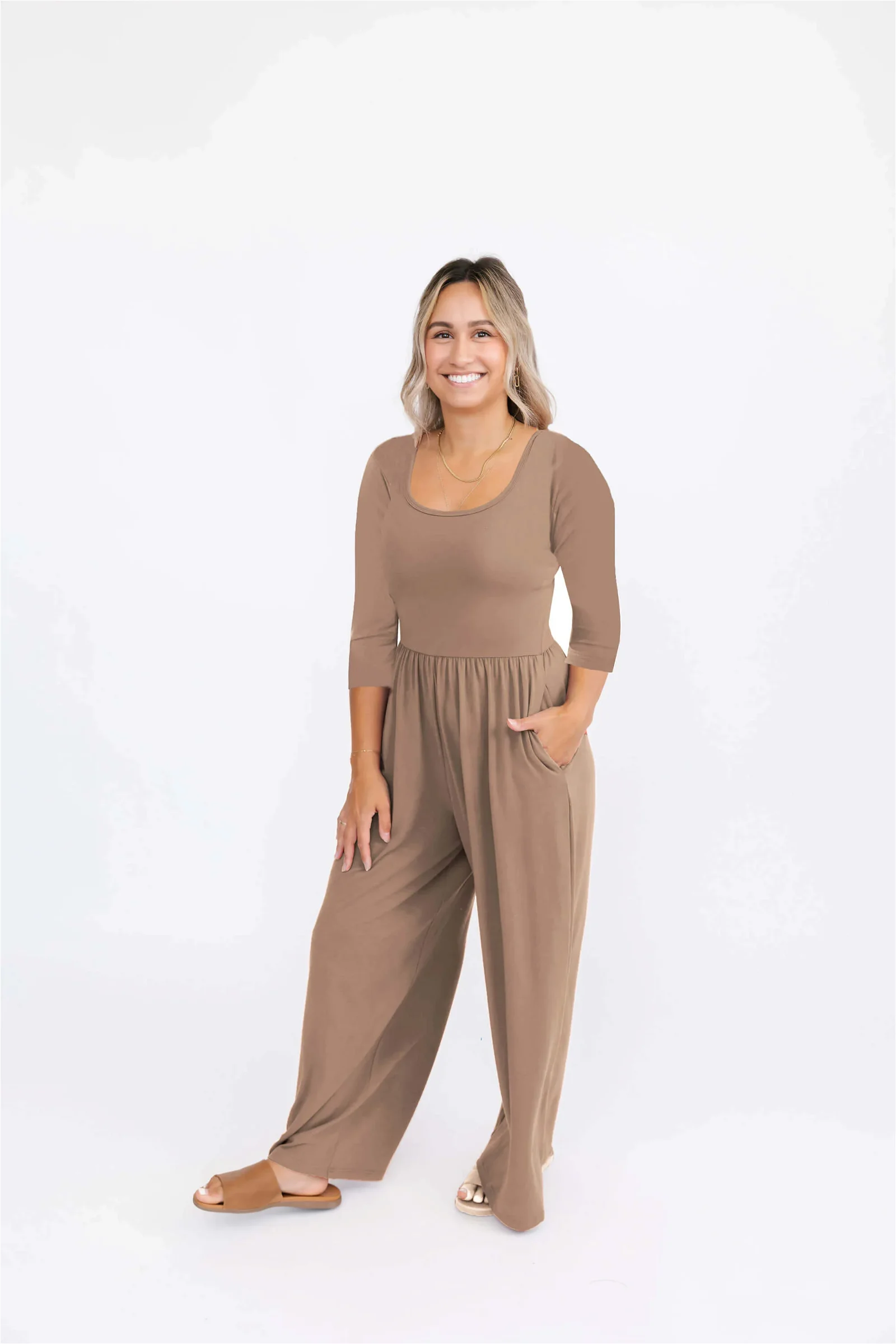Image of Camille 3/4 Sleeve Wide Leg Romper in Café au Yay