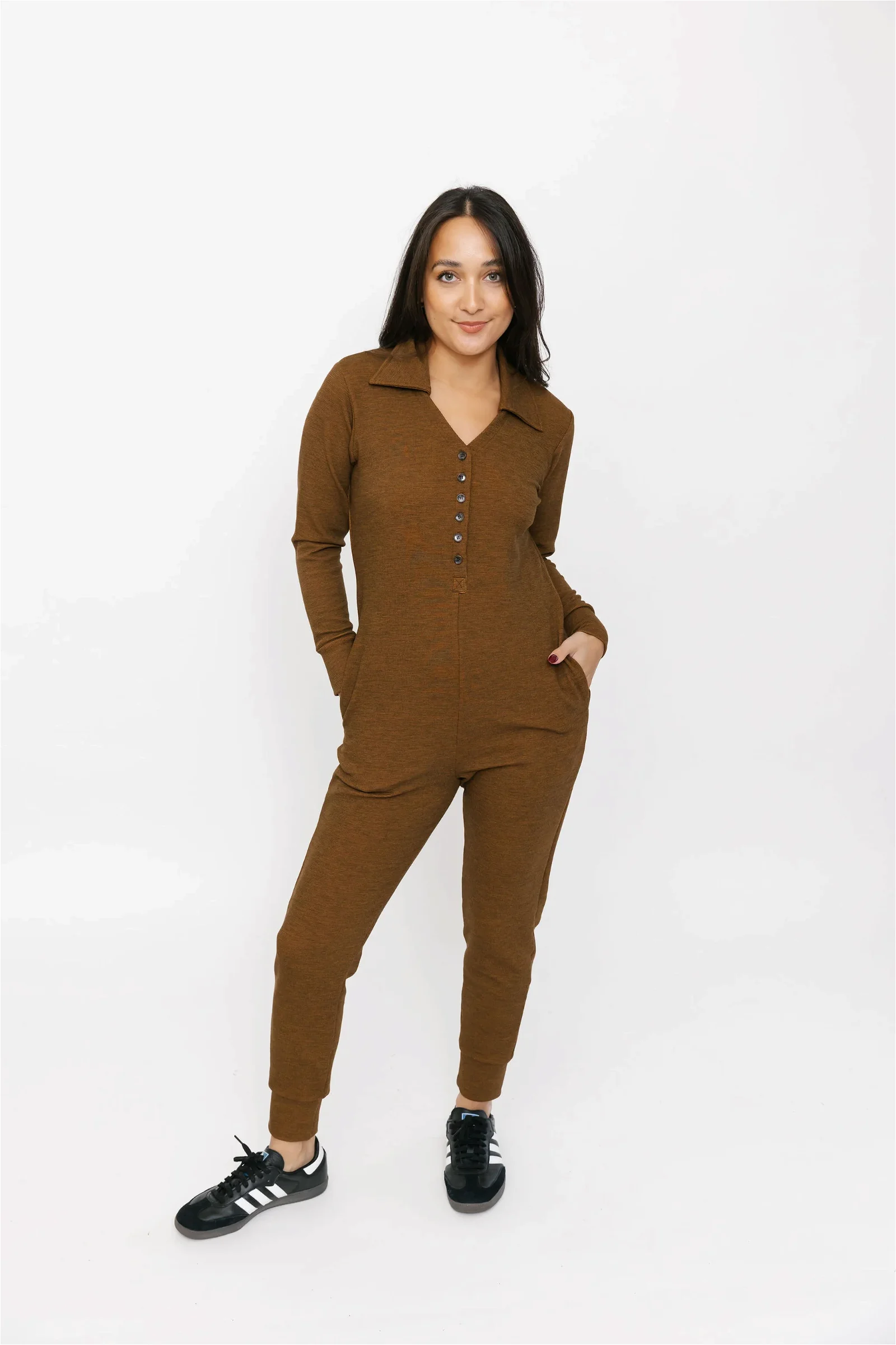 Image of Cuddle Up Waffle Romper in Dark Caramel Brown